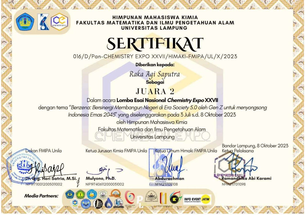 Juara II Nasional - Lomba Esai Ilmiah Chemistry Expo XXVIII